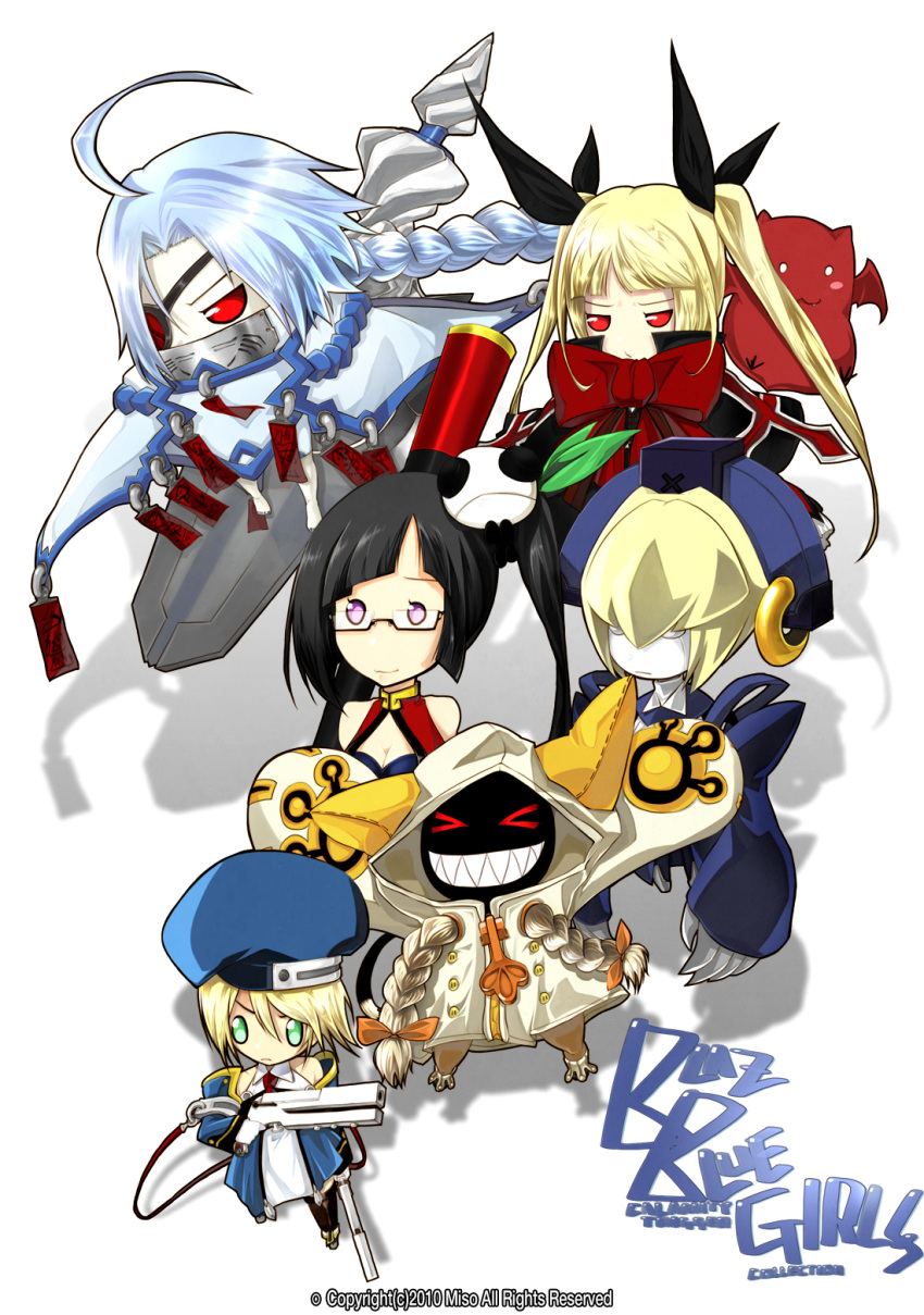 6+girls, ahoge, animal_ears, arc_system_works, black_hair, blazblue, blazblue:_calamity_trigger, blonde_hair, bow, braid, cat_ears, chibi, eyepatch, gii, glasses, green_eyes, gun, highres, kimsomi, lao_jiu, litchi_faye_ling, miso_(pixiv1327909), multiple_girls, nirvana, noel_vermillion, nu-13, ponytail, rachel_alucard, red_bow, red_eyes, silver_hair, staff, sword, taokaka, twintails, violet_eyes, weapon