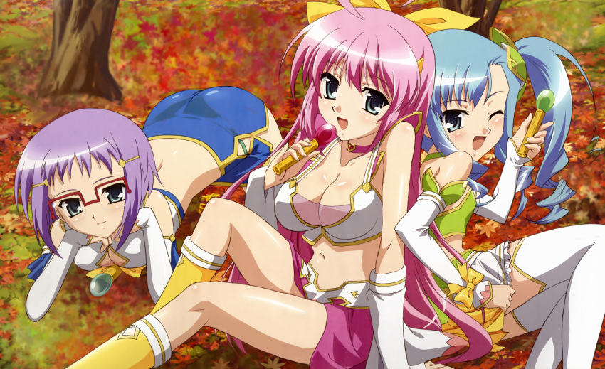 3girls, absurdres, ass, autumn_leaves, blue_hair, breasts, chouhou, choukaku, chouryou_(renhou), cleavage, glasses, green_eyes, highres, hiratsuka_tomoya, koihime_musou, multiple_girls, official_art, one_eye_closed, open_mouth, pink_hair, purple_hair, siblings, sisters, thigh-highs, wink
