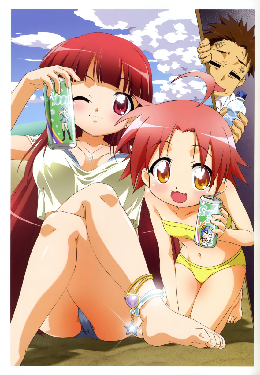 1boy, 2girls, :3, :d, absurdres, ahoge, anklet, barefoot