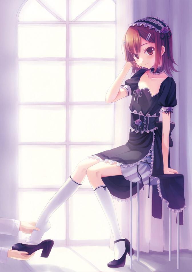 1boy, bad_id, baka_to_test_to_shoukanjuu, brown_hair, feet, full_body, gothic_lolita, high_heels