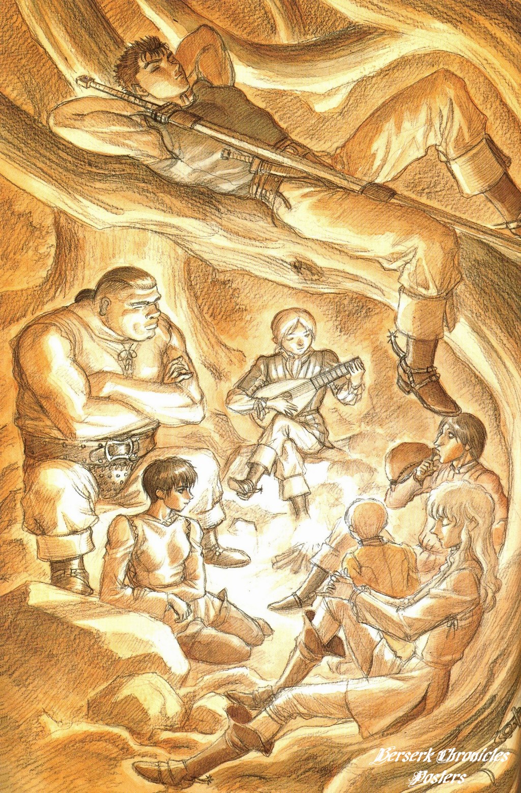 1girl, 6+boys, 90s, berserk, casca, corkus, griffith, guts