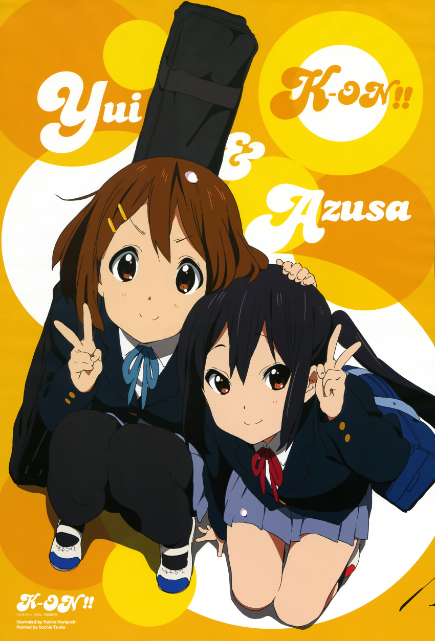 2girls, absurdres, animage, bag, black_hair, brown_eyes, brown_hair, character_name