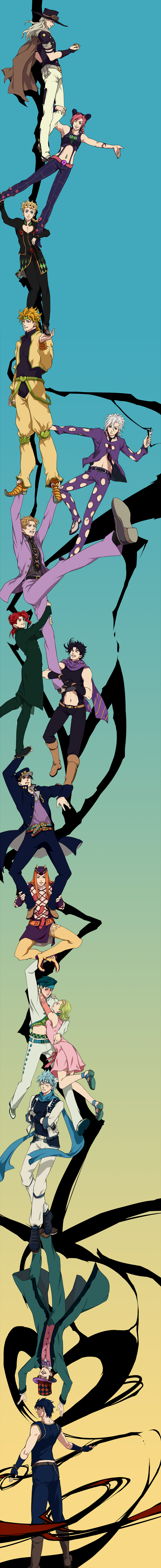 2girls, 6+boys, absurdres, armband, armpits, belt, black_hair, blonde_hair
