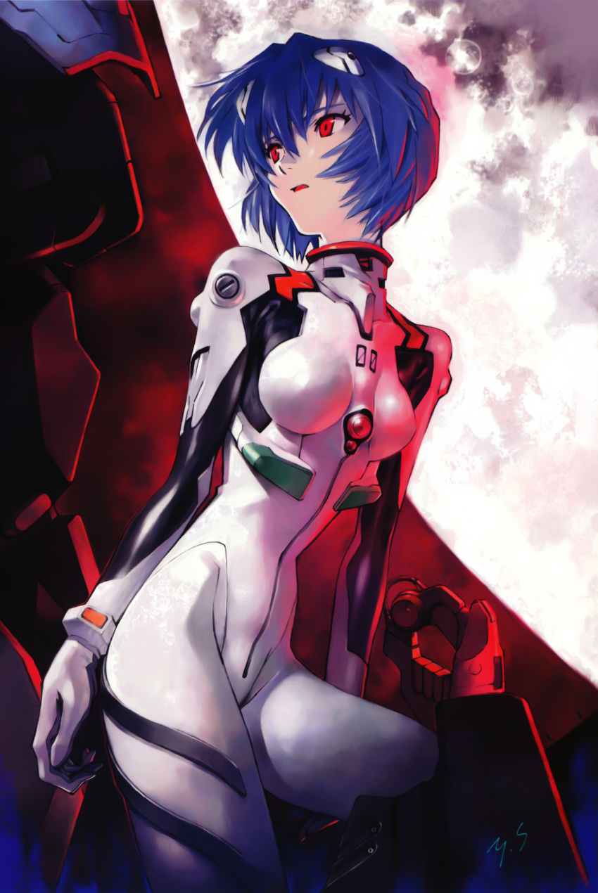 1girl, absurdres, ayanami_rei, blue_hair, evangelion:_1.0_you_are_(not)_alone, highres, moon, neon_genesis_evangelion, official_art, open_mouth, pale_skin, plugsuit, rebuild_of_evangelion, red_eyes, sadamoto_yoshiyuki, scan, solo