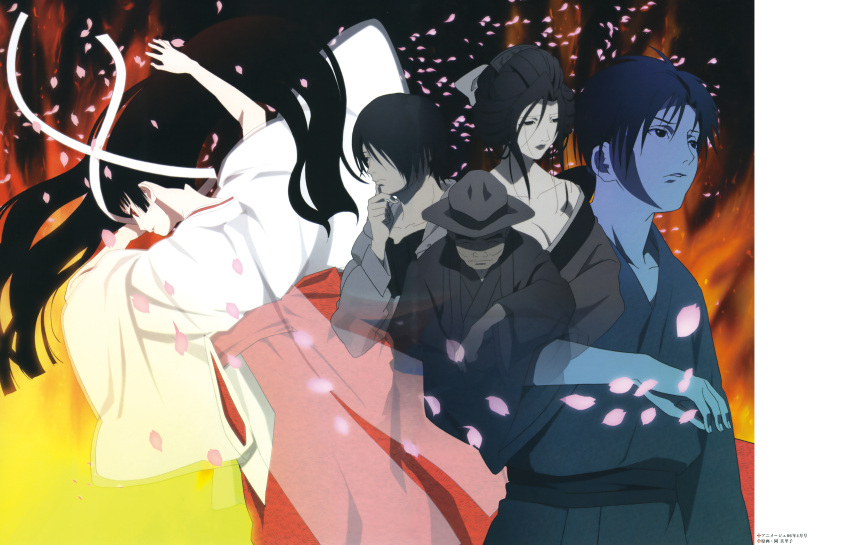 2girls, 3boys, absurdres, artbook, black_hair, blue_skin, enma_ai, hair_over_one_eye