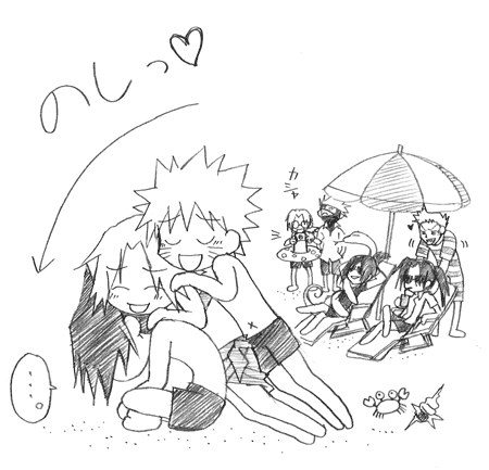 1girl, 6+boys, firstsky_(artist), haruno_sakura, hatake_kakashi, hoshigaki_kisame, lowres, monochrome