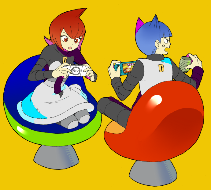 1boy, 1girl, bad_id, blue_eyes, blue_hair, chair, glucose, handheld_game_console