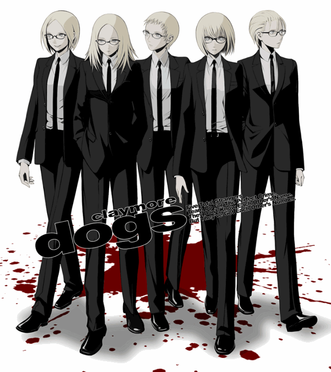5girls, alternate_costume, bespectacled, blonde_hair, blood, calanthe_(artist), clare_(claymore), claymore