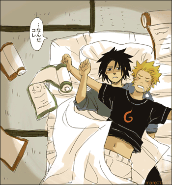 2boys, black_hair, blonde_hair, lowres, male_focus, mare_(artist), multiple_boys, naruto, sleeping, uchiha_sasuke, uzumaki_naruto, yaoi