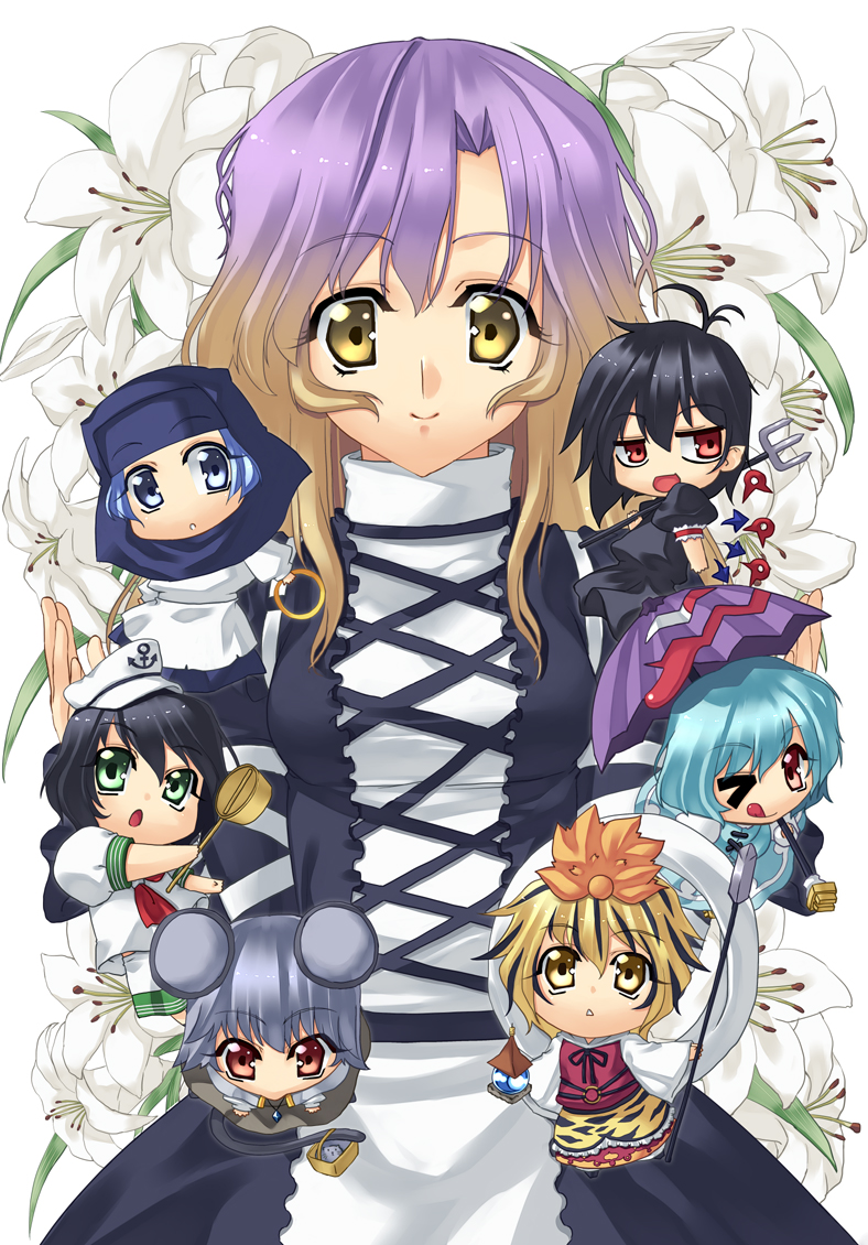 >_<, 6+girls, :>, ;p, animal_ears, bishamonten's_pagoda, chibi, closed_eyes