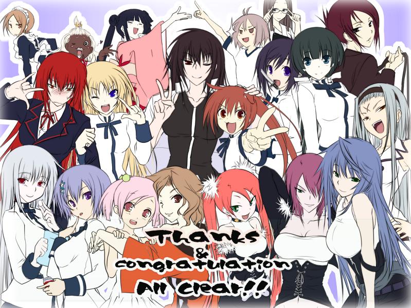 6+girls, :3, :p, \m/, adjusting_glasses, ahoge, amakasu_mayo, antenna_hair