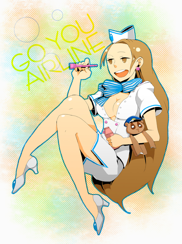 1girl, breasts, brown_hair, bubble_blowing, capcom, cleavage, earrings, flight_attendant