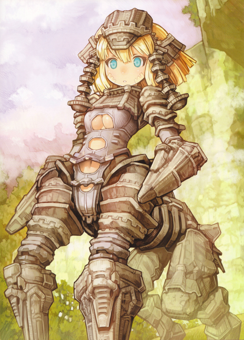 1girl, absurdres, aqua_eyes, blonde_hair, breasts, centaur, cleavage, colossus