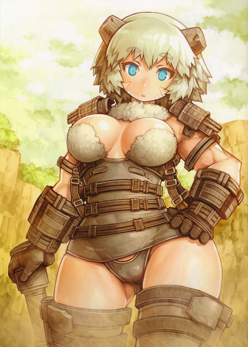 1girl, absurdres, armor, blue_eyes, breasts, colossus, curvy, facial_mark