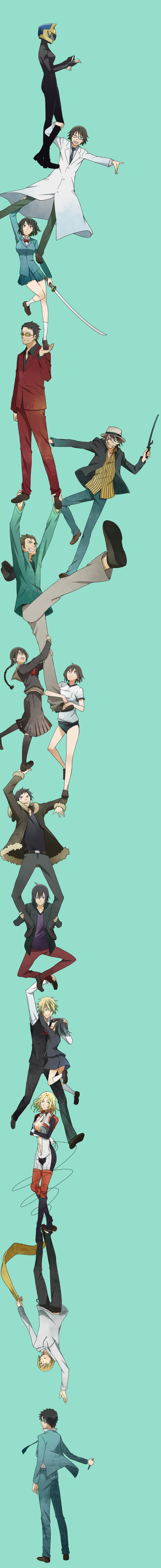 6+boys, 6+girls, absurdres, akabayashi, awakusu_akane, bad_id, bartender, black_hair, blonde_hair, blue_eyes, bob_cut, bow, bowtie, brown_eyes, brown_hair, celty_sturluson, cigarette, durarara!!, glasses, heiwajima_kasuka, heiwajima_shizuo, helmet, highres, jacket, kadota_kyouhei, kazu_sanbon, kida_masaomi, kishitani_shinra, long_hair, long_image, male_focus, multiple_boys, multiple_girls, orihara_izaya, orihara_kururi, orihara_mairu, red_eyes, rokujou_chikage, ryuugamine_mikado, school_uniform, short_hair, skirt, smile, sonohara_anri, sunglasses, sword, tall_image, trust_me, vest, vorona, weapon