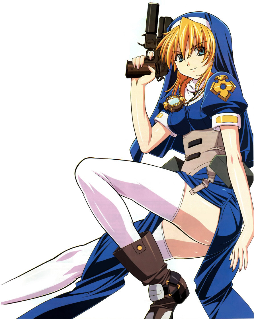 1girl, blonde_hair, blue_eyes, blush, boots, chrno_crusade, chrono_crusade, cocked_hammer, cross, dress, garter_straps, gun, habit, handgun, jewelry, kuroda_kazuya, legs, looking_at_viewer, m1911, necklace, nun, official_art, pistol, pocket_watch, rosette_christopher, scan, semiautomatic, simple_background, sitting, smile, solo, thigh-highs, thighs, trigger_discipline, watch, weapon, white_background, white_legwear