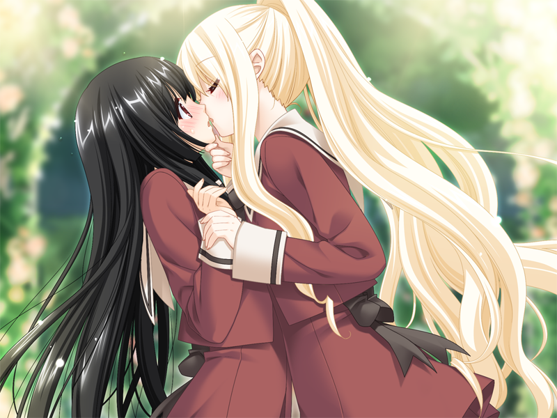 2girls, black_hair, blonde_hair, blush, chin_grab, closed_eyes, embarrassed, game_cg, incipient_kiss, kirishima_shizuku, kiss, long_hair, multiple_girls, open_mouth, outdoors, peko, ponytail, profile, red_eyes, school_uniform, serafuku, shitogi_eris, sono_hanabira_ni_kuchizuke_wo, surprised, very_long_hair, wrist_grab, yuri