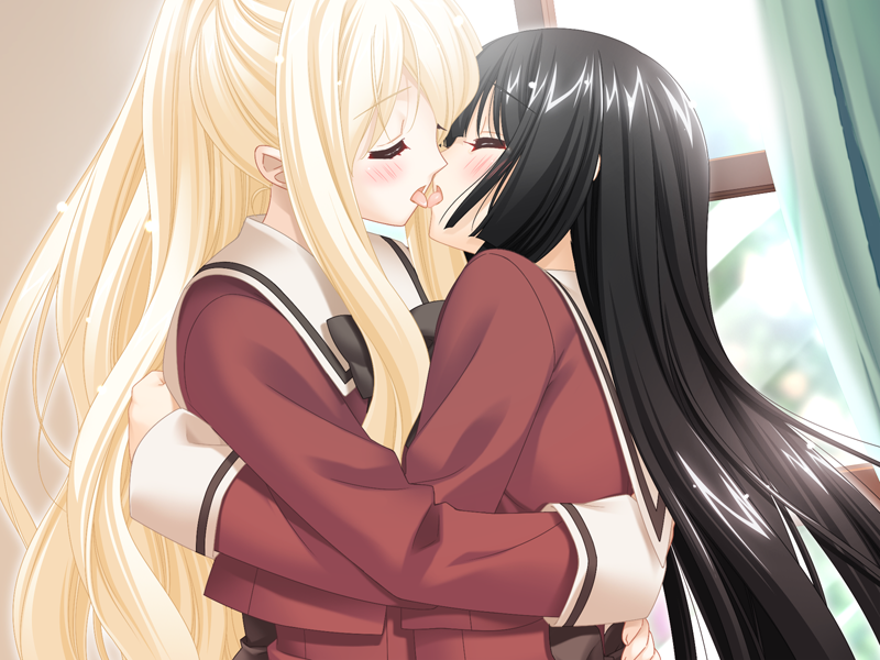 2girls, black_hair, blonde_hair, blush, closed_eyes, couple, french_kiss, game_cg