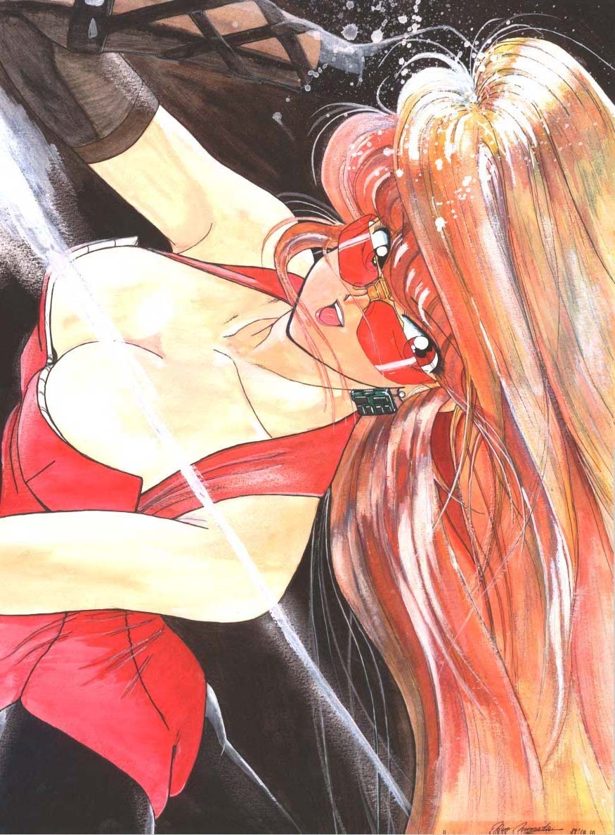 1girl, 80s, breasts, brown_hair, bubblegum_crisis, cleavage, elbow_gloves, gloves