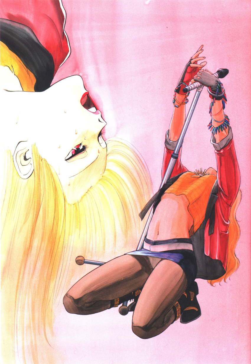 1girl, 80s, absurdres, arched_back, blonde_hair, bubblegum_crisis, crotch_seam, fingerless_gloves