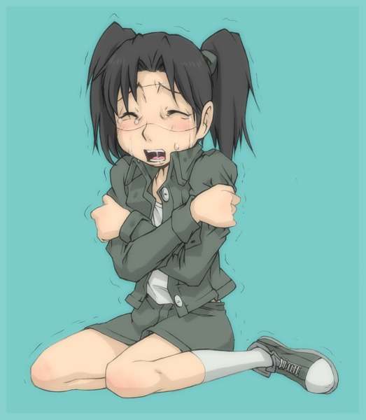 1girl, amasawa_yuuko, bad_id, blush, brown_hair, closed_eyes, dennou_coil, glasses