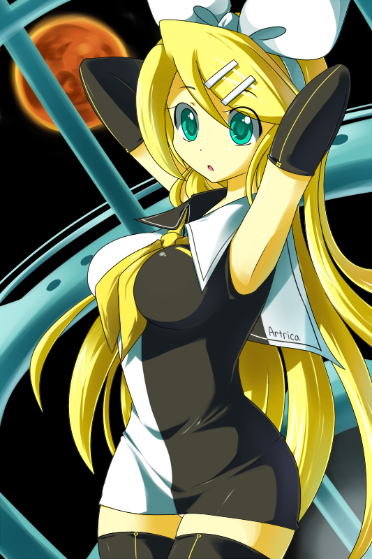 1girl, alternate_hairstyle, aqua_eyes, armpits, arms_up, artrica, blonde_hair, breasts