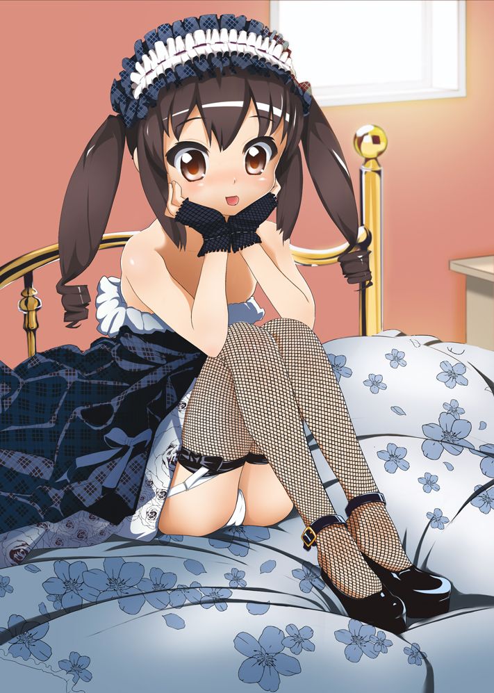 1girl, bed, black_hair, brown_eyes, drill_hair, fingerless_gloves, fishnets, gloves, gothic_lolita, k-on!, lolita_fashion, long_hair, murasaki_orange, nakano_azusa, panties, pantyshot, pantyshot_(sitting), sitting, solo, thigh-highs, twintails, underwear, white_panties