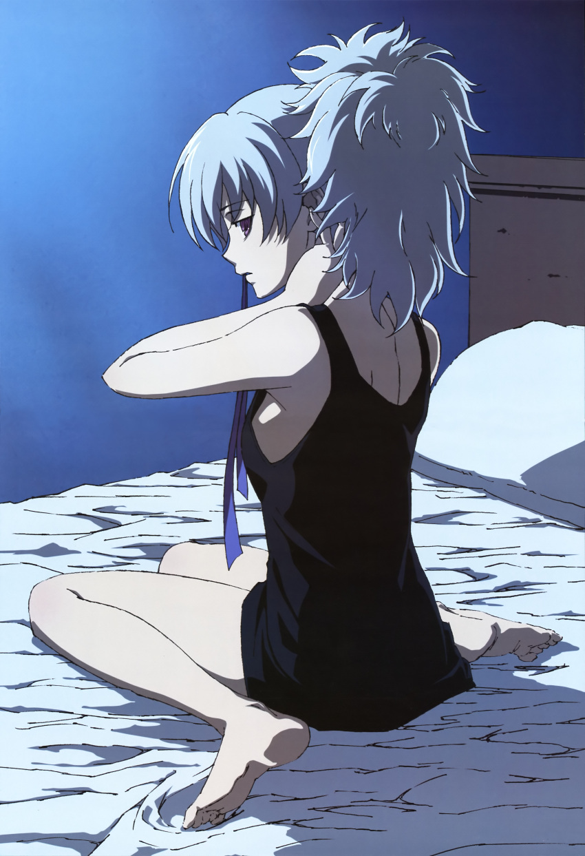 1girl, absurdres, barefoot, bed, bed_sheet, bottomless, breasts, darker_than_black
