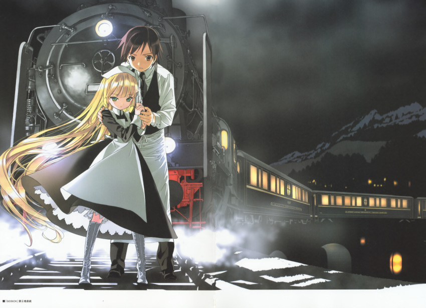 1boy, 1girl, absurdres, blonde_hair, brown_eyes, brown_hair, dress, flower, frills, gosick, gothic, gothic_lolita, green_eyes, gun, handgun, highres, kujou_kazuya, lace, lolita_fashion, long_hair, maid, night, official_art, railway, revolver, short_hair, standing, takeda_hinata, train, very_long_hair, victorica_de_blois, weapon