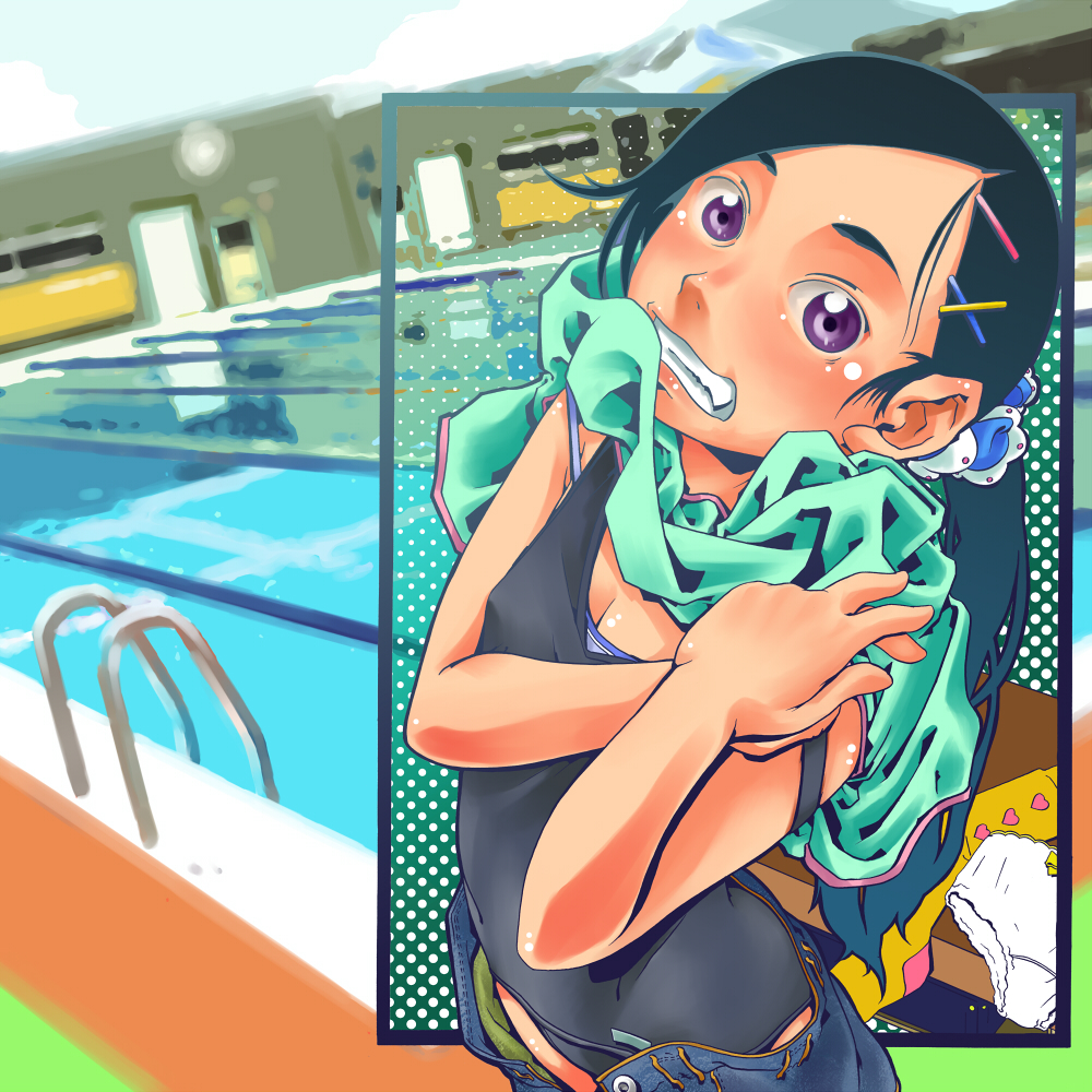1girl, blue_hair, clenched_teeth, fang, footwear, hair_ornament, hairclip, long_hair, motoi_hiroumi, one-piece_swimsuit, original, panties, ponytail, pool, pool_ladder, school_swimsuit, socks, solo, swimsuit, swimsuit_under_clothes, teeth, underwear, undressing, violet_eyes, white_panties, yellow_legwear