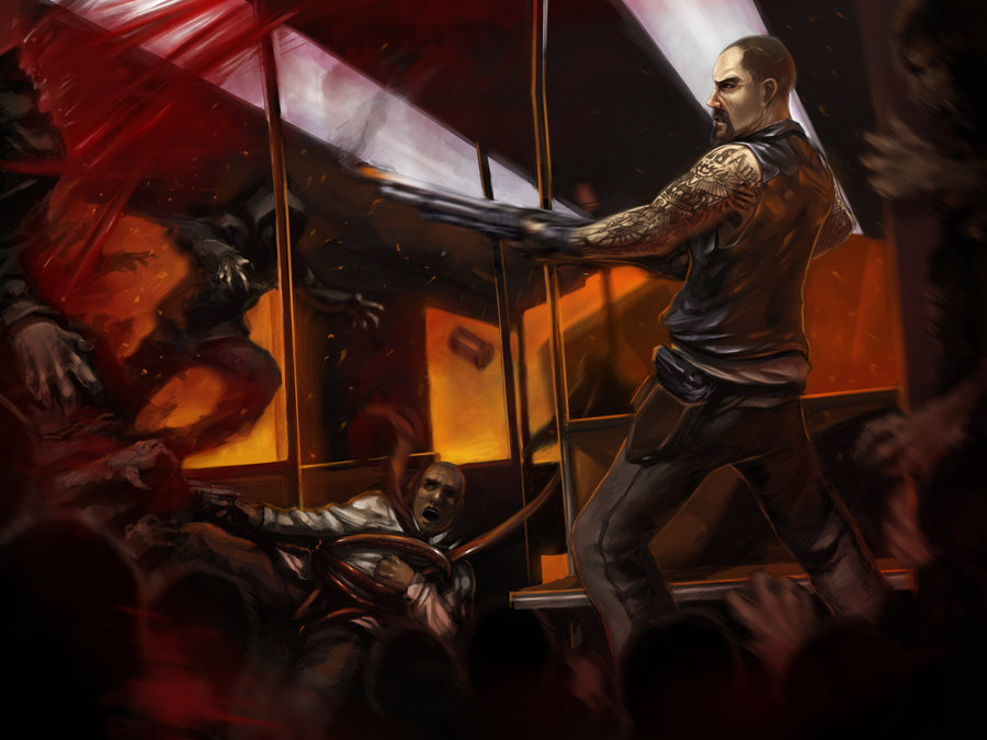 blood, francis_(left4dead), gun, hunter_(left4dead), left_4_dead, louis_(left4dead), smoker_(left4dead), subway