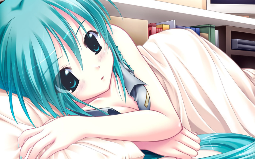 1girl, amino, amino_kohaku, bed, blush, breasts, cleavage, green_eyes