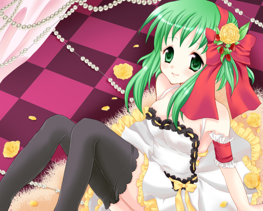 1girl, black_legwear, green_eyes, green_hair, gumi, momichika, short_hair, solo