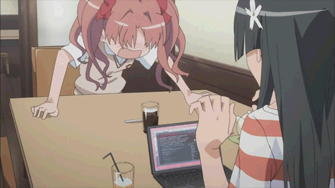 2girls, animated, animated_gif, black_hair, brown_hair, computer, facedesk, female
