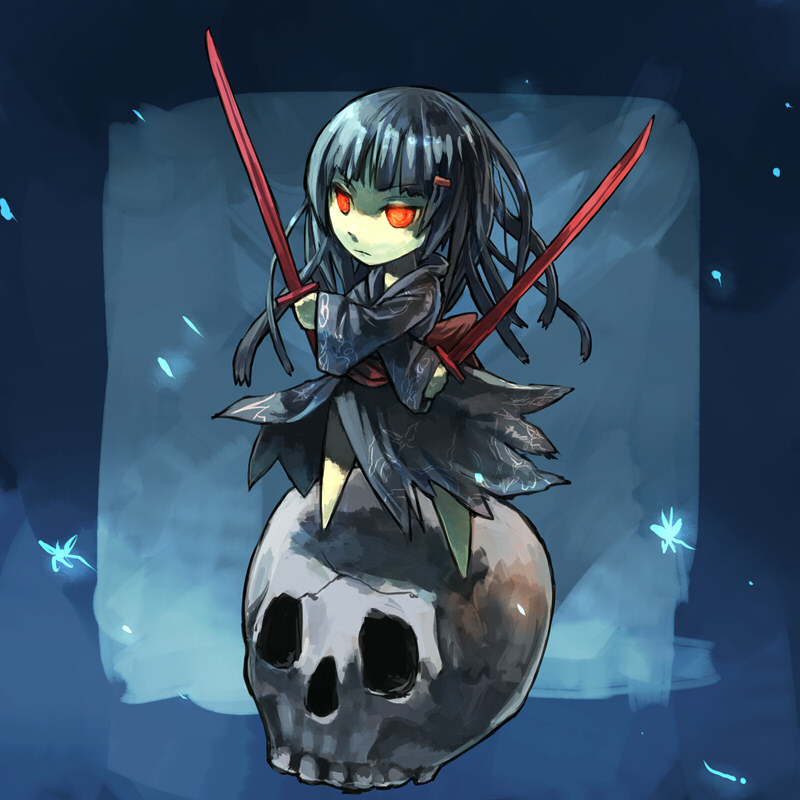 1girl, black_hair, chibi, dual_wielding, glowing, glowing_eyes, japanese_clothes, orange_eyes