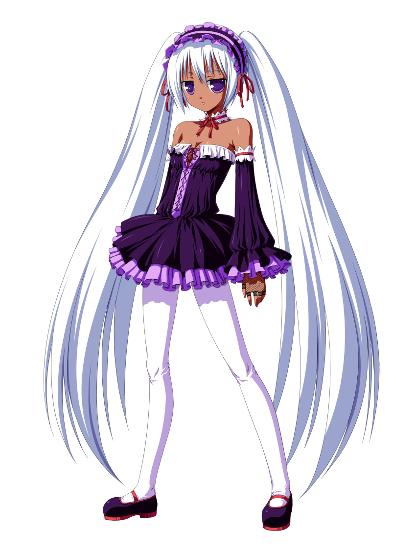 1girl, absurdres, bare_shoulders, dark_skin, detached_sleeves, dress, fingerless_gloves, flat_chest, gloves, gothic, gothic_lolita, highres, legs, lolita_fashion, long_hair, md5_mismatch, pantyhose, small_breasts, solo, strapless, strapless_dress, transparent_background, twintails, very_long_hair, violet_eyes, vocaloid, white_hair, white_legwear, xai, yamine_aku
