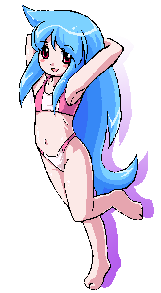 barefoot, bikini, blue_hair, flat_chest, long_hair, nanashi_mushi, oekaki, red_eyes