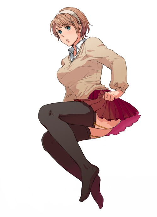 black_legwear, black_thighhighs, blue_eyes, brown_hair, feet, garter_straps, garters, hair_ornament, hairclip, headband, ishizaki_miwako, legs, light_brown_hair, lightbrown_hair, miniskirt, miwakox, no_shoes, pleated_skirt, school_uniform, short_hair, simple_background, skirt, solo, sweater, sweater_vest, thigh-highs, thighhighs, ukraine_(hetalia), vest