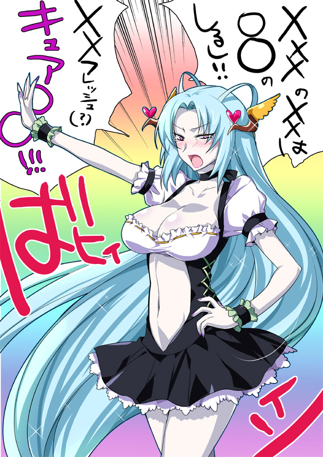 1girl, blue_hair, blush, breasts, cleavage, crying, dress, embarrassed