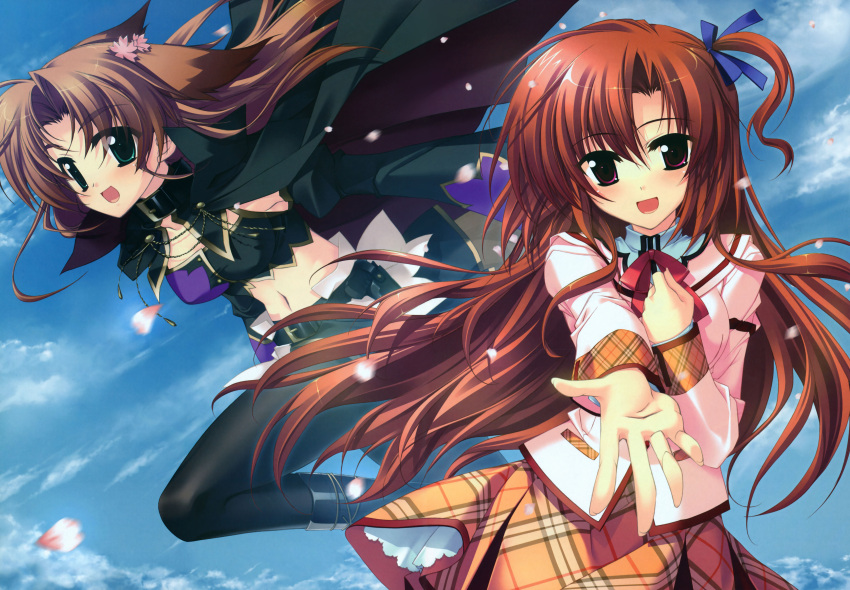 2girls, absurdres, amami_mikage, animal_ears, black_legwear, brown_hair, cape, cherry_blossoms