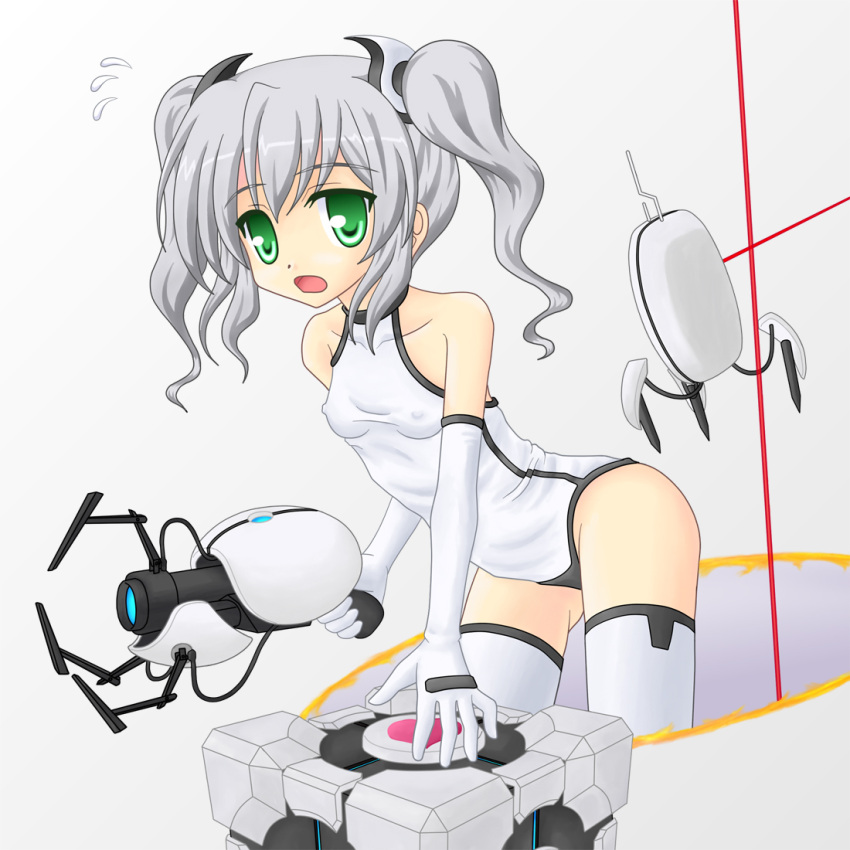 1girl, aperture_science_handheld_portal_device, breasts, child, cube, elbow_gloves, erect_nipples, glados, glados-tan, gloves, green_eyes, gun, heart, noveske_n4, portal, small_breasts, sweatdrop, thigh-highs, turret_(portal), twintails, valve, weapon, weighted_companion_cube, white_hair, white_legwear