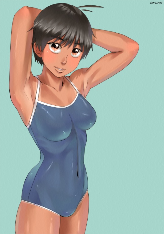 1girl, ahoge, aqua_background, armpits, arms_up, ayumu_(zenkou), blush, brown_eyes