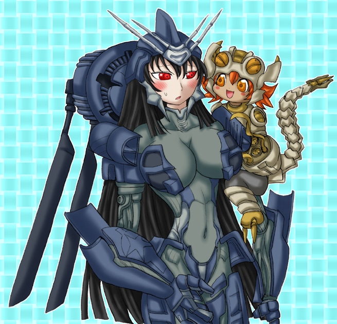 2girls, black_hair, blackout, genderswap, happy, long_hair, mecha_musume, multiple_girls