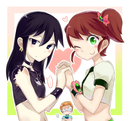 2girls, ben_10, benjamin_kirby_tennyson, black_eyes, brown_hair, cartoon_network, crop_top, cropped_torso, earrings, frown, genderswap, genderswap_(ftm), genderswap_(mtf), glasses, green_eyes, gwendolyn_tennyson, hair_ornament, hair_ribbon, hand_holding, heart, jewelry, kevin_ethan_levin, kitaya, lock, long_hair, midriff, multiple_girls, navel, neck_ring, necklace, omnitrix, ponytail, ribbon, shirt, side_ponytail, smile, smiling, top, wink