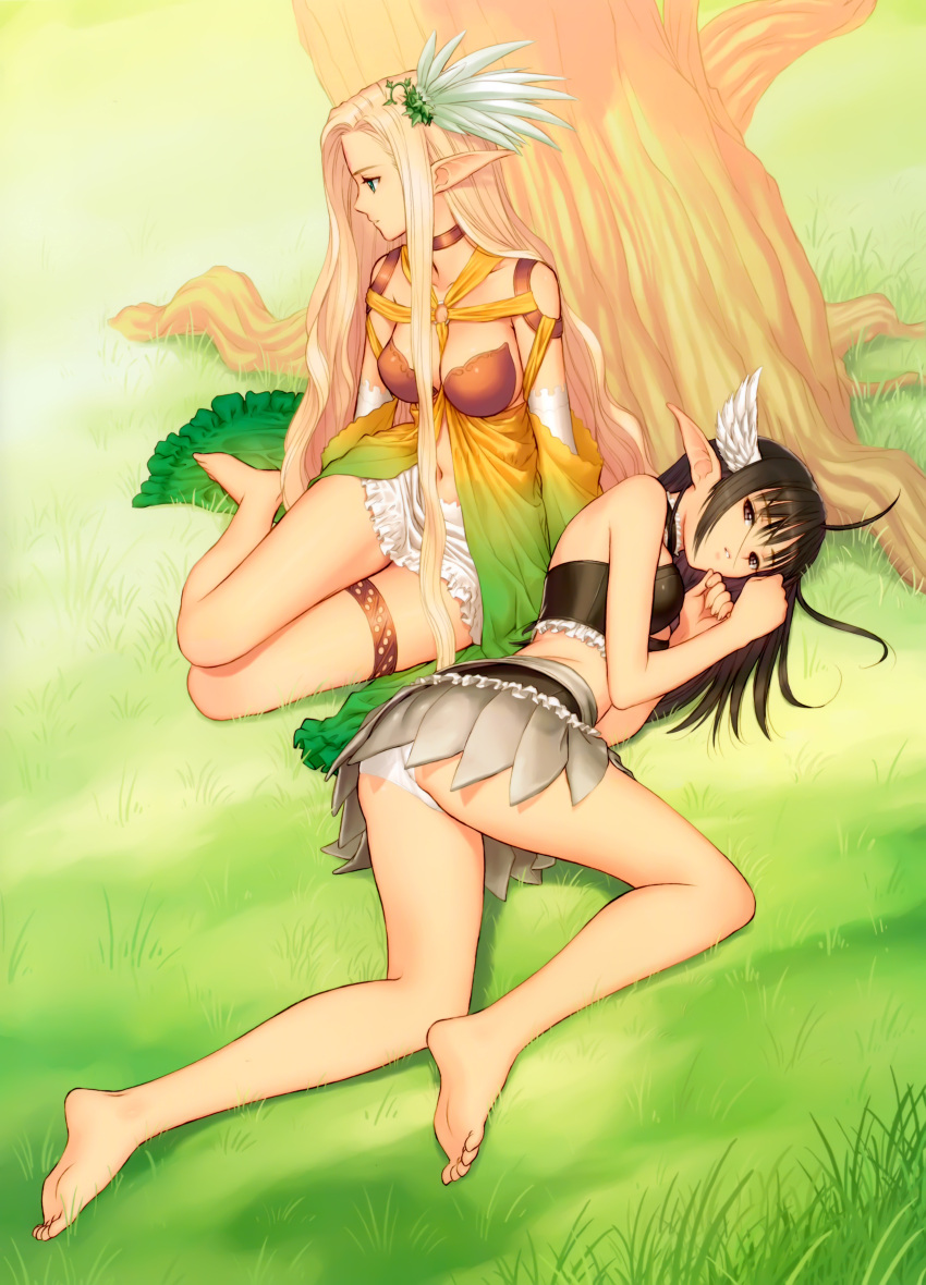 2girls, absurdres, ass, barefoot, black_hair, blonde_hair, breasts, celestia
