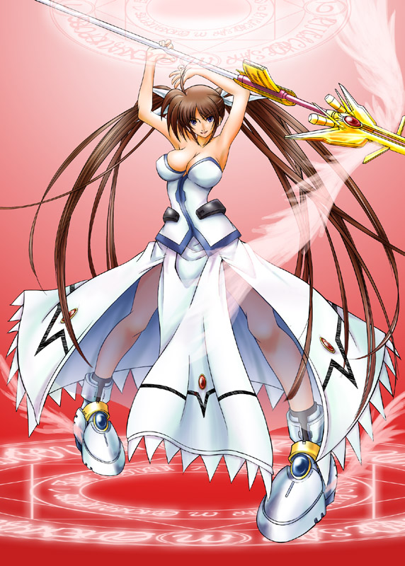 bad_id, bare_shoulders, breasts, brown_hair, cleavage, large_breasts, long_hair, magic_circle