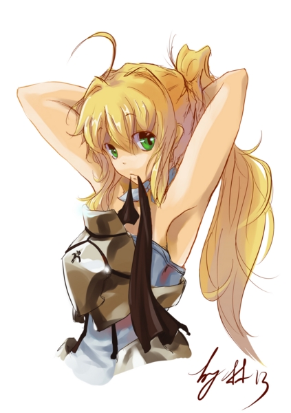 ahoge, armor, armpits, blonde_hair, fate/stay_night, fate/unlimited_codes, fate_(series), fortal, green_eyes, mouth_hold, ponytail, saber, saber_lily, solo