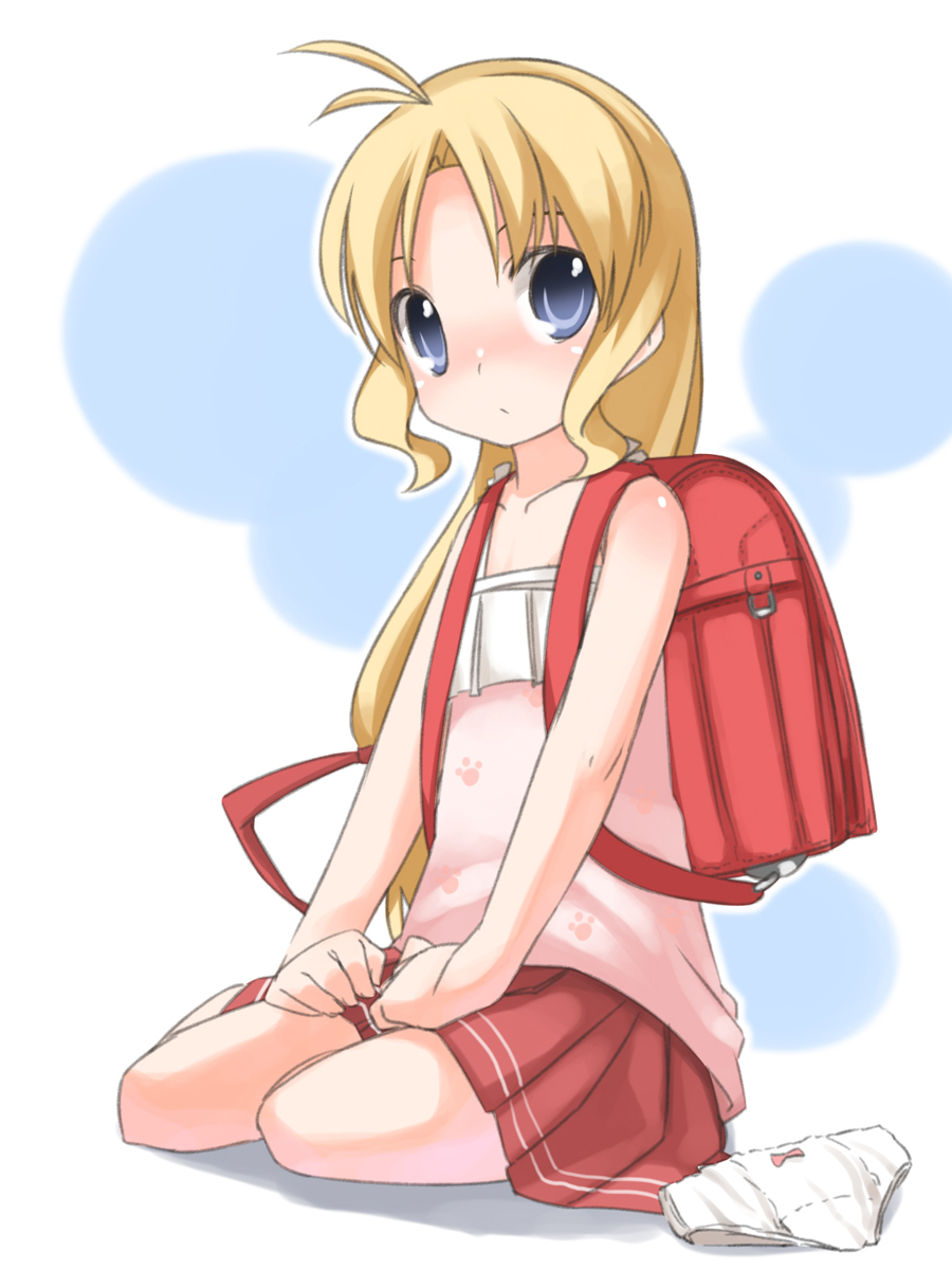 1girl, aquaplus_(company), backpack, bag, blonde_hair, blue_eyes, blush, child