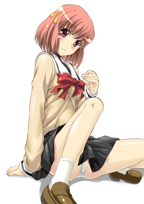 blush, hair_ribbon, legs, makihara_yukiko, panties, pantyshot, redhead, ribbon