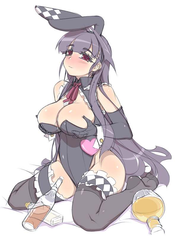 1girl, akatsuki_alut, alcohol, animal_ears, bad_id, bare_shoulders, bottle, breast_lift